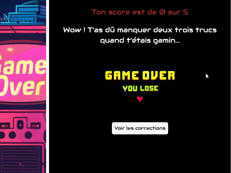Conception d'un site de quiz - écran de résultat